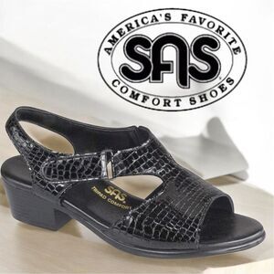 SAS Black Suntimer Women's Slingback Crocodile Embossed Comfort Sandals